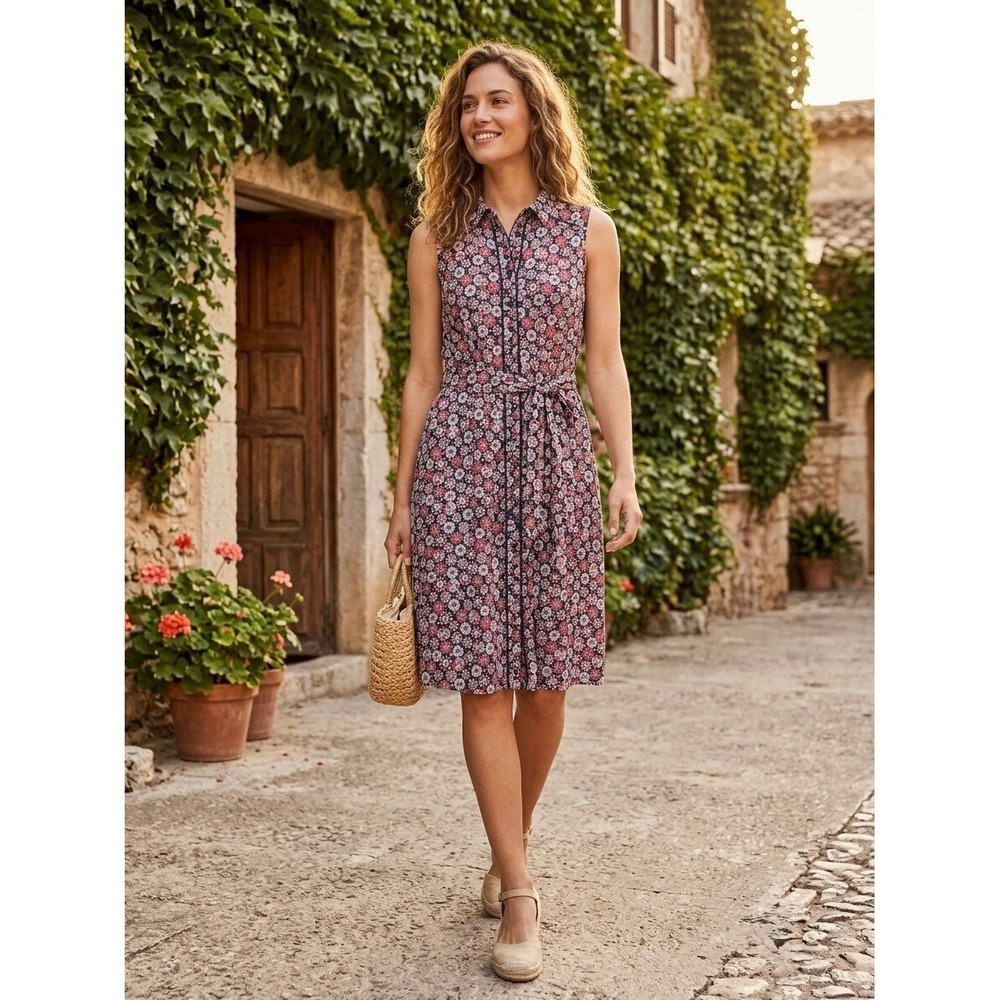 Boden Red Blue Floral Cotton Jersey Sleeveless Belted Shirt Dress 2R